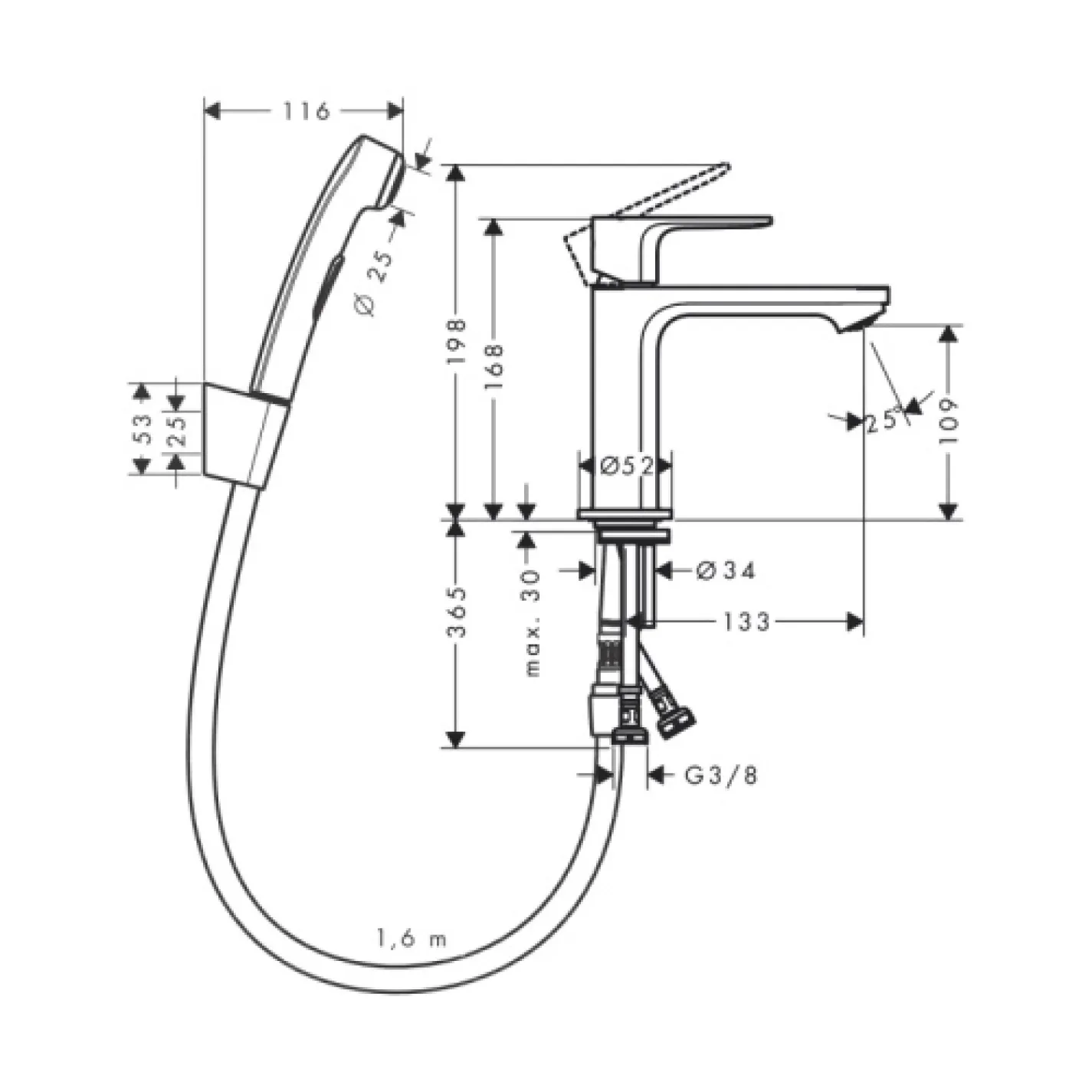 Змішувач для умивальника Hansgrohe Rebris E 110 з гігієнічним душем (72216000) - Фото 1